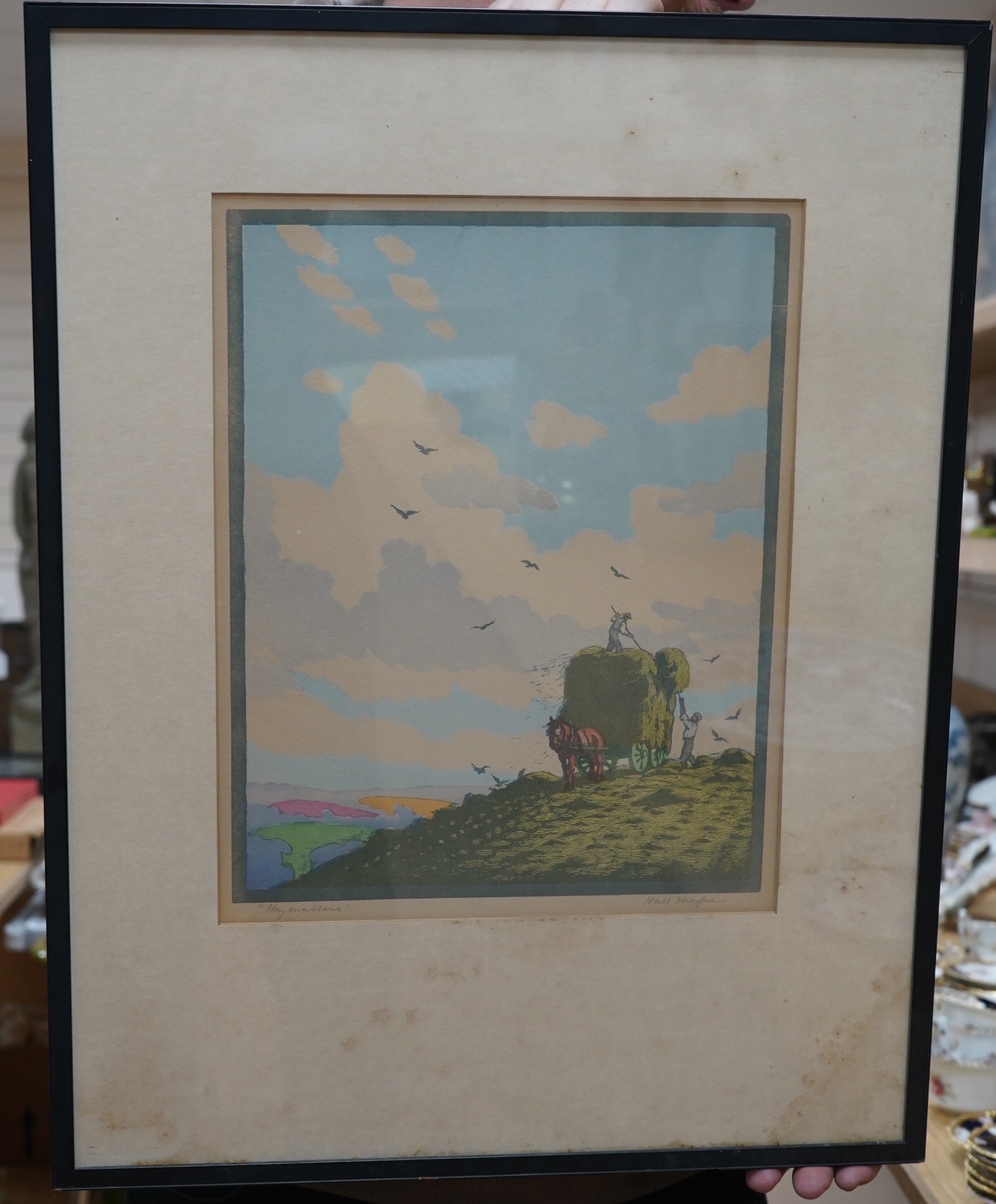 John Hall Thorpe (1874-1947), woodblock engraving, Haymakers, signed in pencil, 35 x 28cm. Condition - poor to fair, faded
